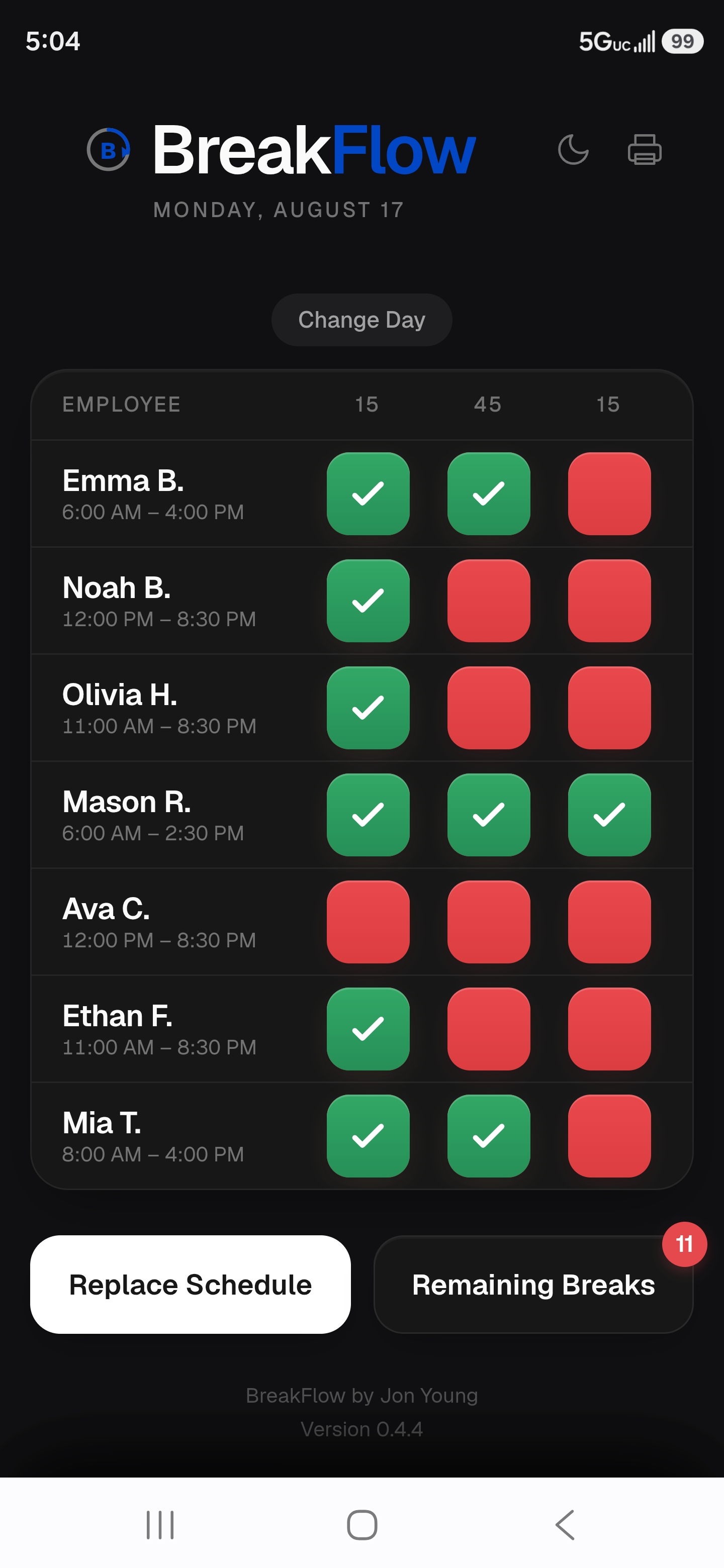 BreakFlow mobile view showing employees and their break status