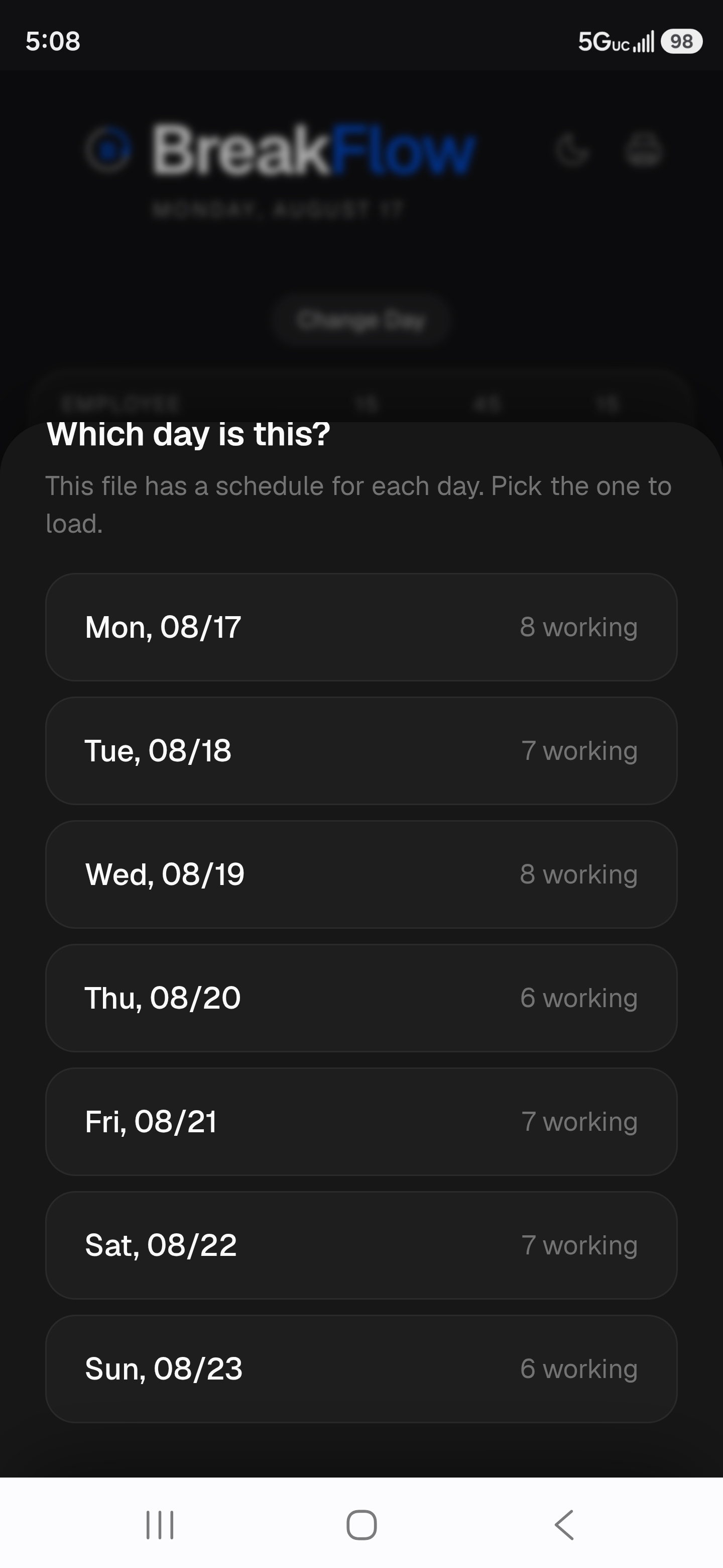 BreakFlow day selection showing each day and the number of employees working